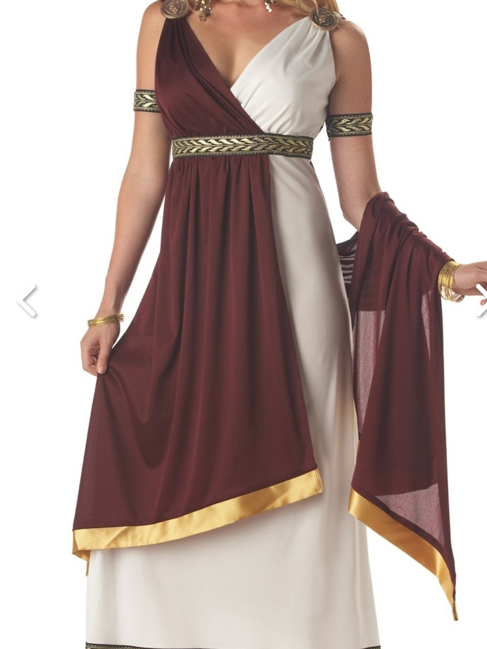 Women's Roman Empress Costume Two-Tone Burgundy and White With Gold Trim.